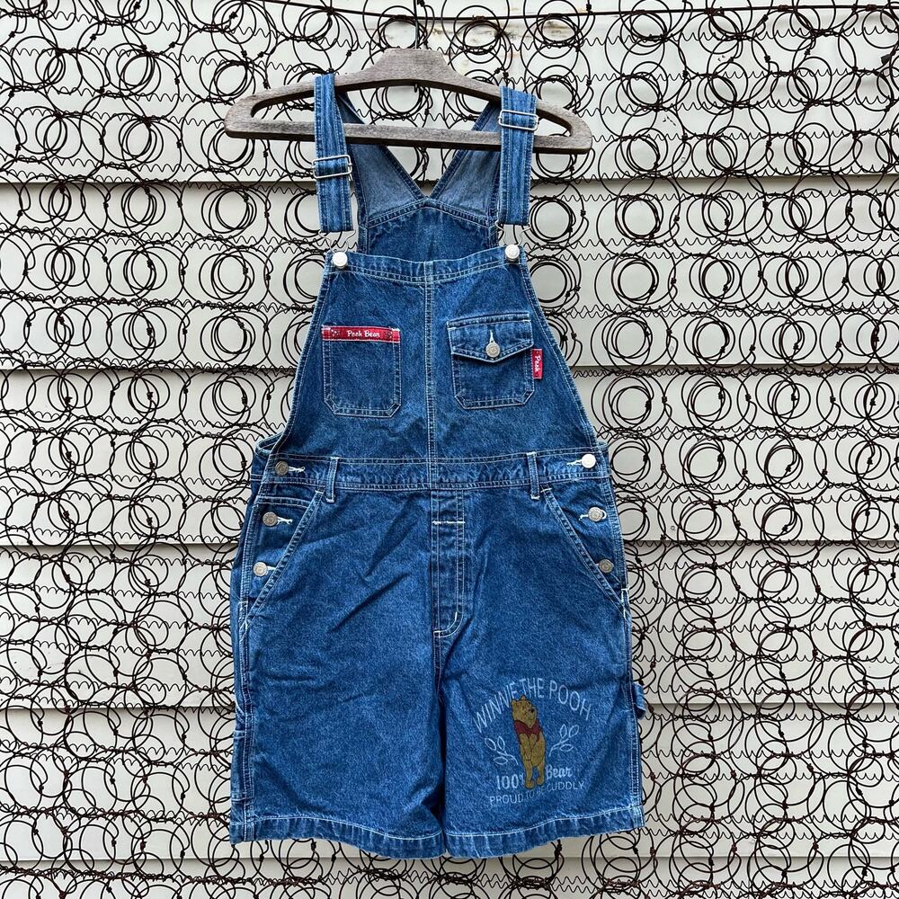 Vintage 90s Y2K Pooh Logo Image Denim Jean Shortalls Overalls Multi Pocket SMALL